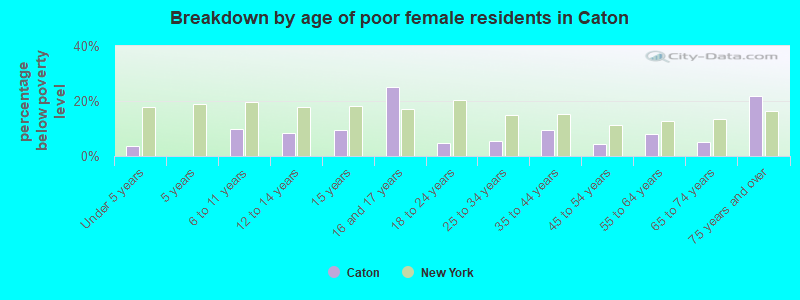 Breakdown by age of poor female residents in Caton