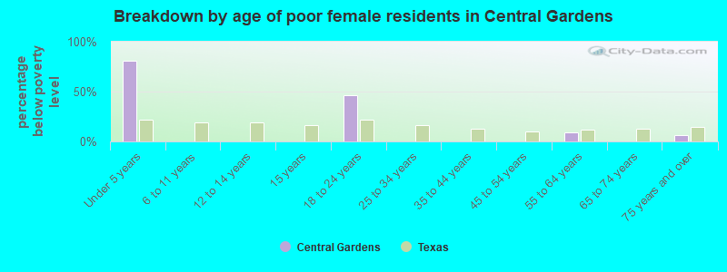 Breakdown by age of poor female residents in Central Gardens