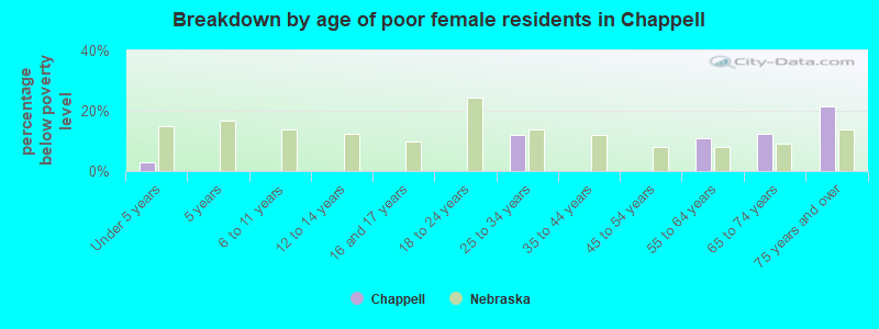 Breakdown by age of poor female residents in Chappell