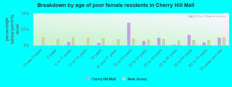 Breakdown by age of poor female residents in Cherry Hill Mall
