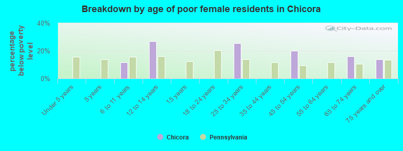 Breakdown by age of poor female residents in Chicora