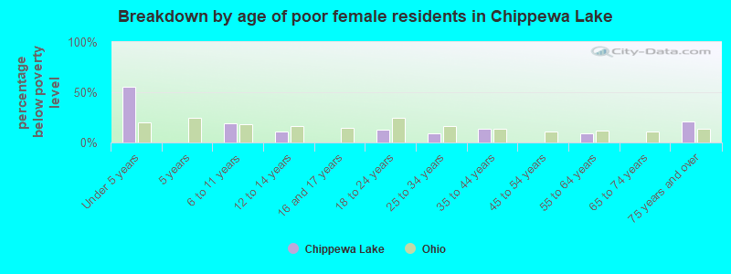 Breakdown by age of poor female residents in Chippewa Lake