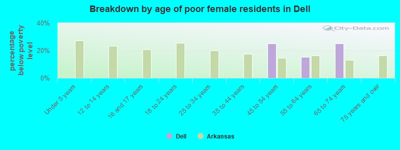 Breakdown by age of poor female residents in Dell