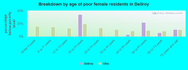 Breakdown by age of poor female residents in Dellroy