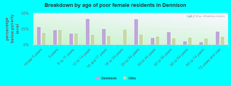 Breakdown by age of poor female residents in Dennison