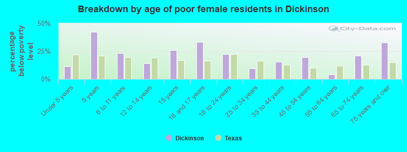 Breakdown by age of poor female residents in Dickinson
