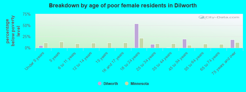 Breakdown by age of poor female residents in Dilworth