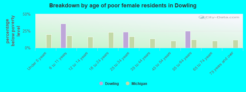 Breakdown by age of poor female residents in Dowling