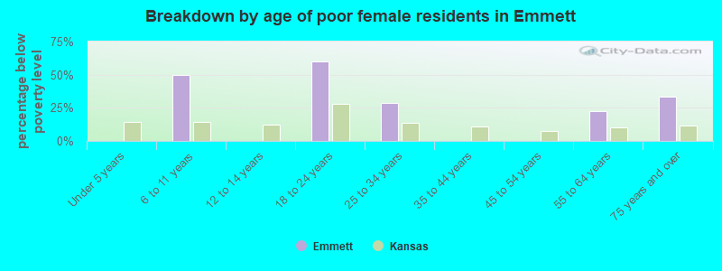 Breakdown by age of poor female residents in Emmett