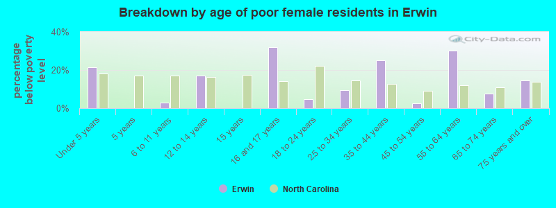 Breakdown by age of poor female residents in Erwin