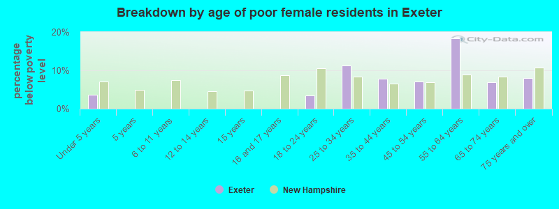 Breakdown by age of poor female residents in Exeter