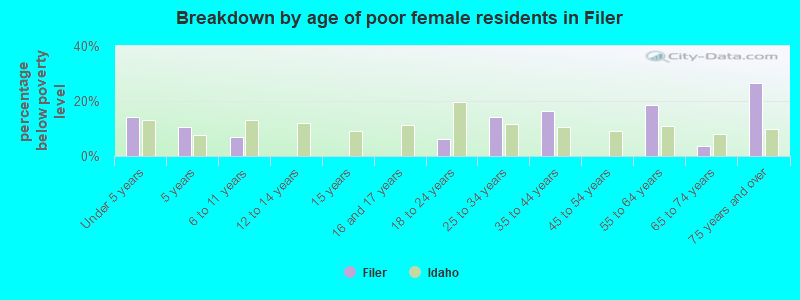 Breakdown by age of poor female residents in Filer