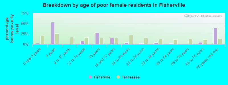 Breakdown by age of poor female residents in Fisherville