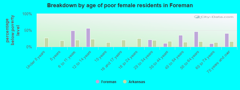 Breakdown by age of poor female residents in Foreman