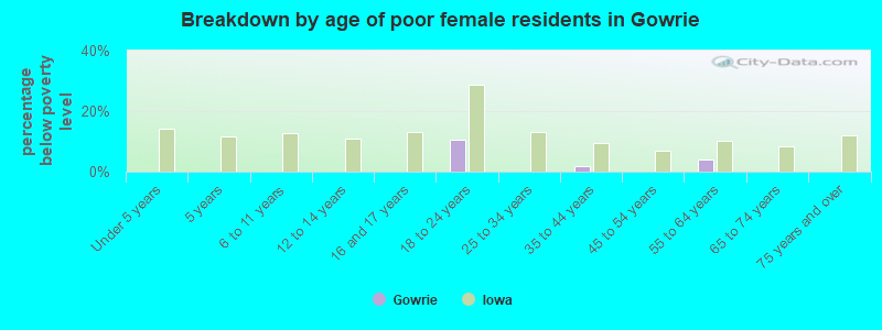 Breakdown by age of poor female residents in Gowrie