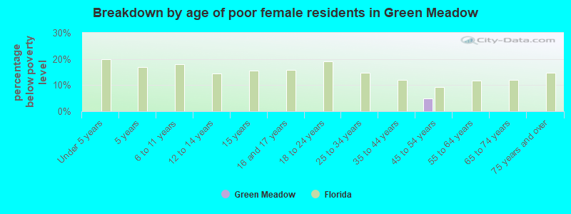 Breakdown by age of poor female residents in Green Meadow