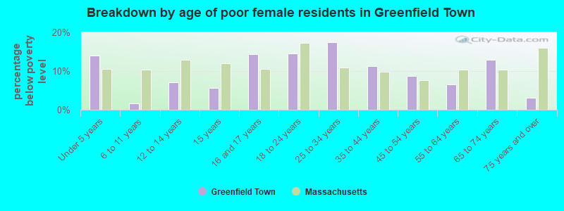 Breakdown by age of poor female residents in Greenfield Town