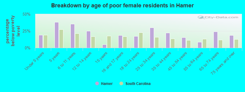Breakdown by age of poor female residents in Hamer