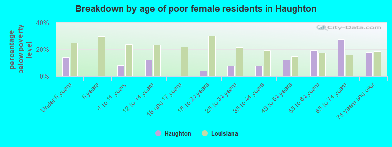 Breakdown by age of poor female residents in Haughton