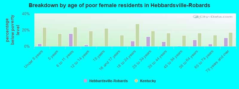 Breakdown by age of poor female residents in Hebbardsville-Robards