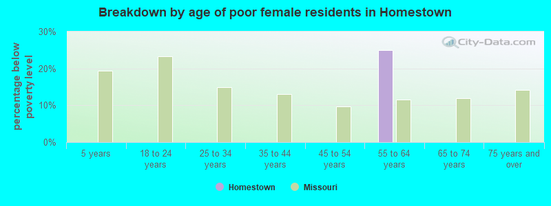 Breakdown by age of poor female residents in Homestown