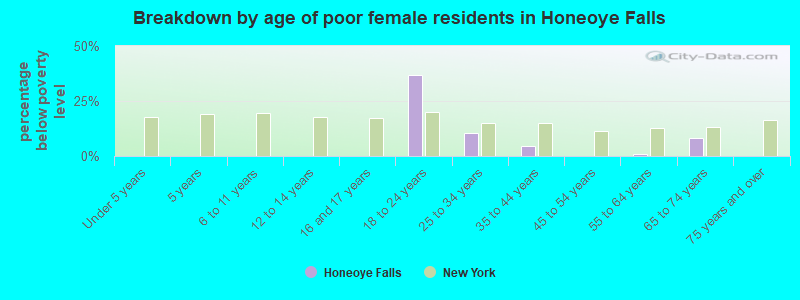 Breakdown by age of poor female residents in Honeoye Falls