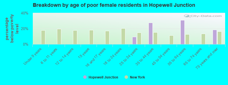 Breakdown by age of poor female residents in Hopewell Junction