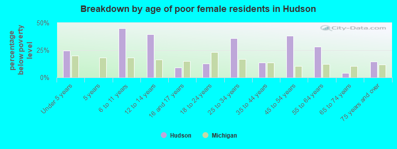 Breakdown by age of poor female residents in Hudson