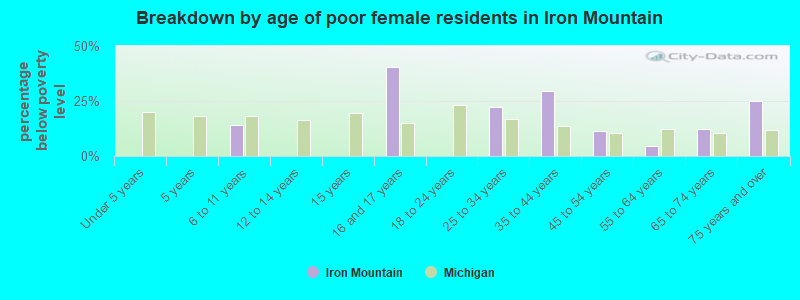 Breakdown by age of poor female residents in Iron Mountain