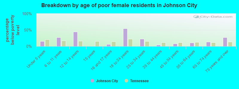 Breakdown by age of poor female residents in Johnson City