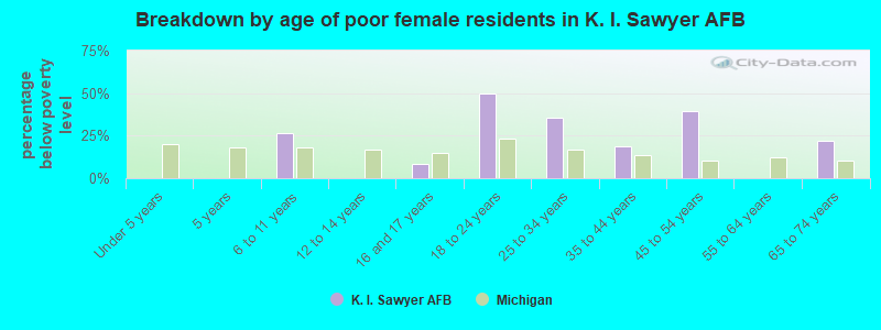 Breakdown by age of poor female residents in K. I. Sawyer AFB