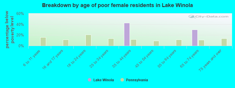 Breakdown by age of poor female residents in Lake Winola