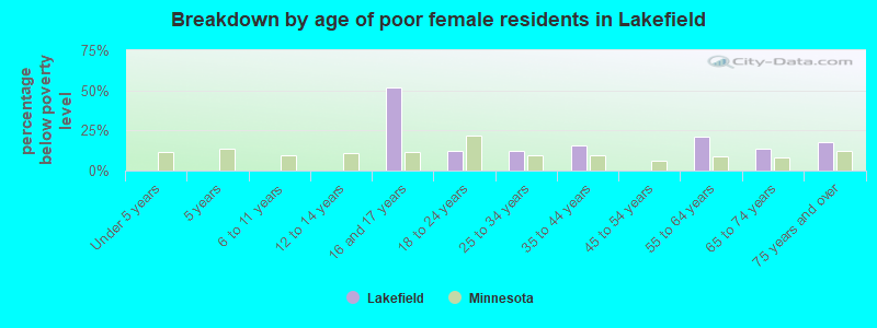 Breakdown by age of poor female residents in Lakefield