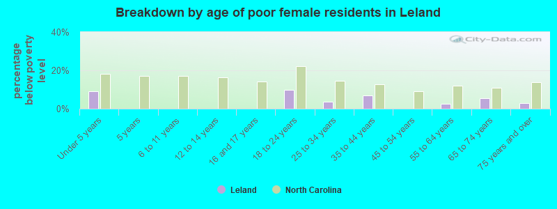 Breakdown by age of poor female residents in Leland