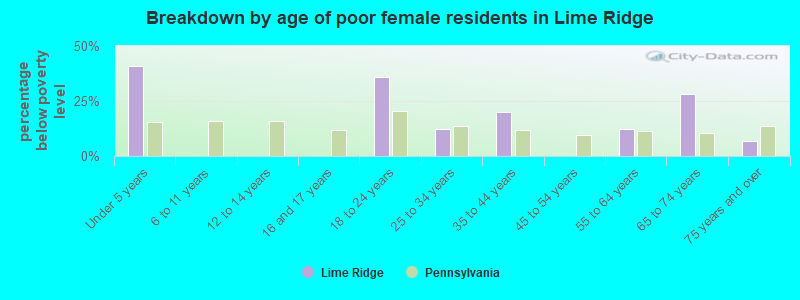 Breakdown by age of poor female residents in Lime Ridge