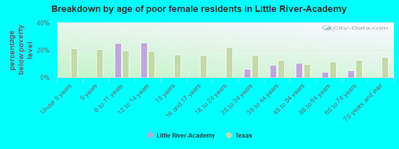 Breakdown by age of poor female residents in Little River-Academy