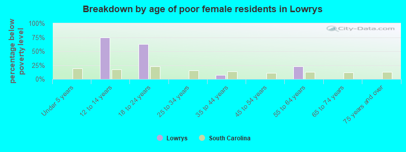 Breakdown by age of poor female residents in Lowrys