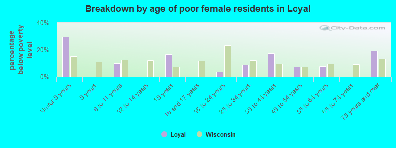 Breakdown by age of poor female residents in Loyal