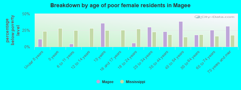 Breakdown by age of poor female residents in Magee