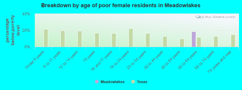 Breakdown by age of poor female residents in Meadowlakes