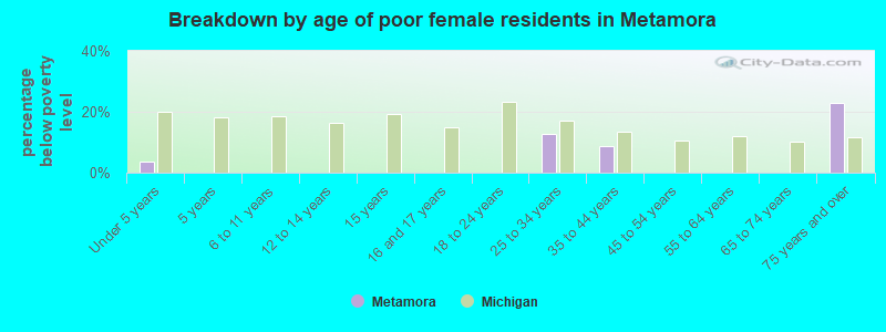 Breakdown by age of poor female residents in Metamora