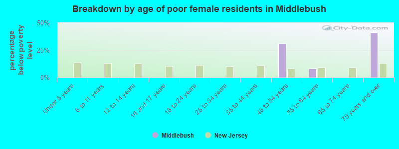 Breakdown by age of poor female residents in Middlebush
