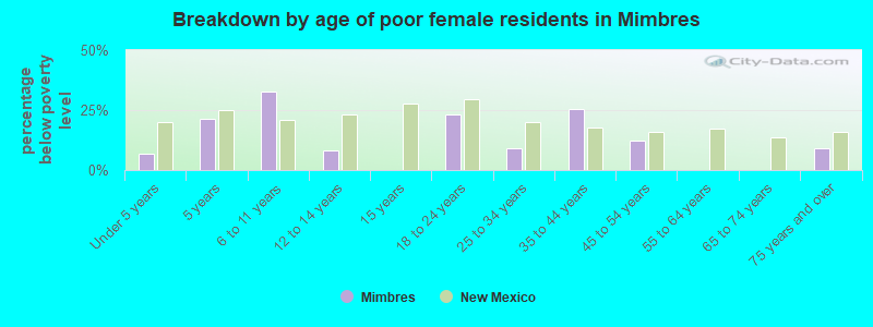 Breakdown by age of poor female residents in Mimbres