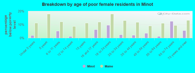 Breakdown by age of poor female residents in Minot