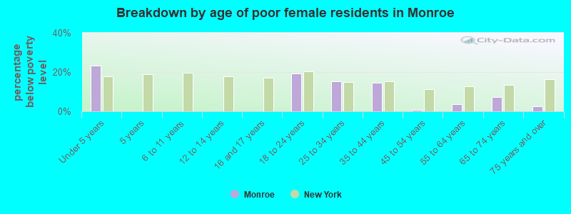 Breakdown by age of poor female residents in Monroe