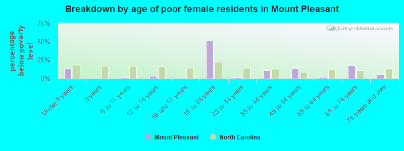 Breakdown by age of poor female residents in Mount Pleasant