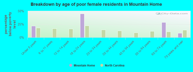 Breakdown by age of poor female residents in Mountain Home