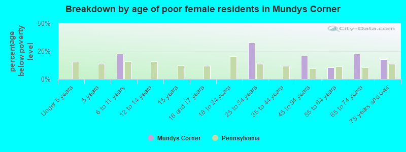 Breakdown by age of poor female residents in Mundys Corner