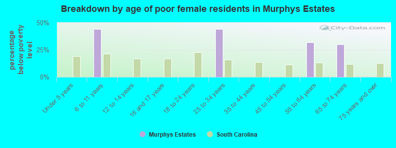 Breakdown by age of poor female residents in Murphys Estates