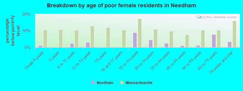 Breakdown by age of poor female residents in Needham